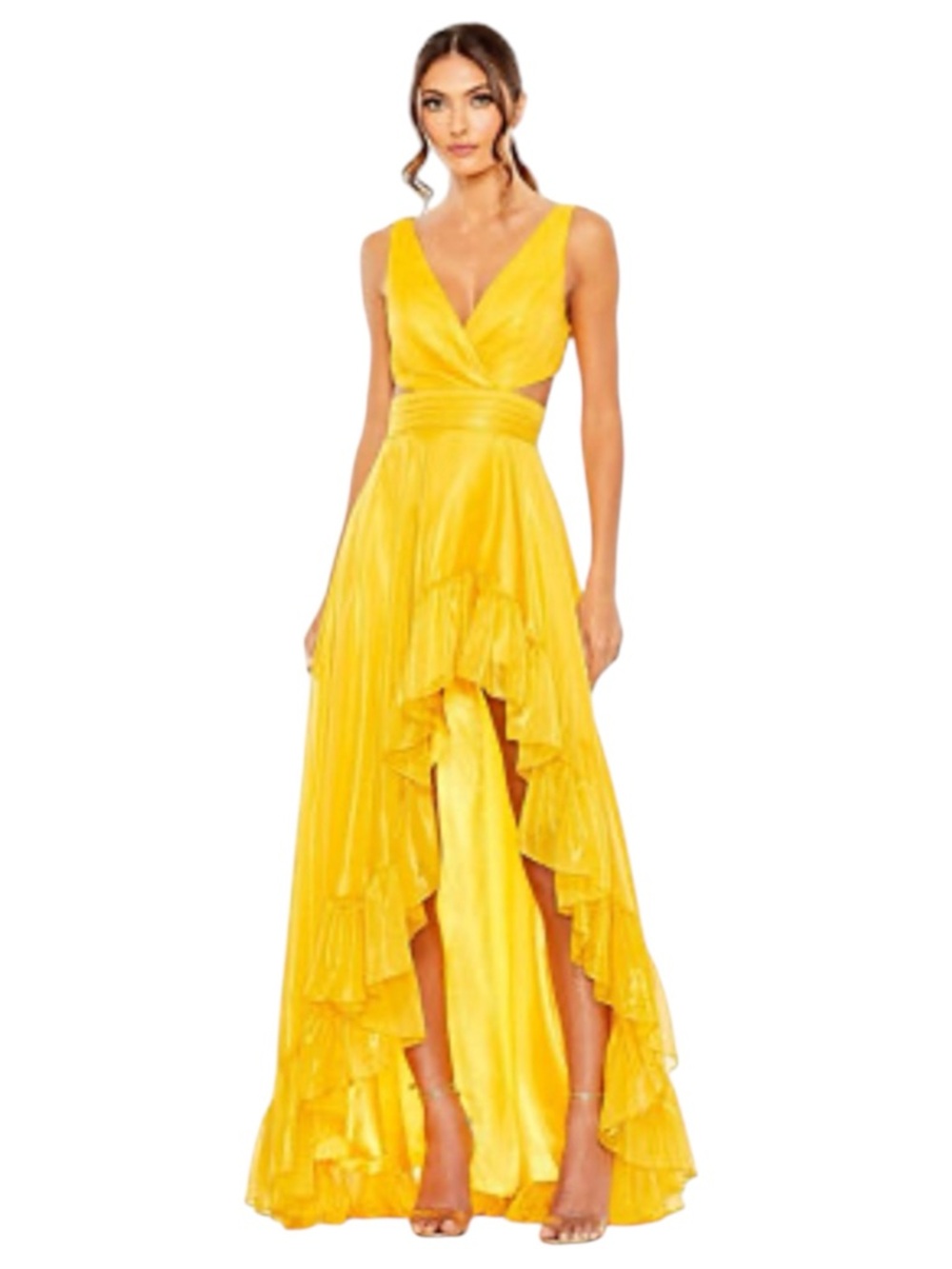 NWT Mac Duggal Cut Out High Low Ruffle Gown Metallic Sheen Formal Wedding Event
